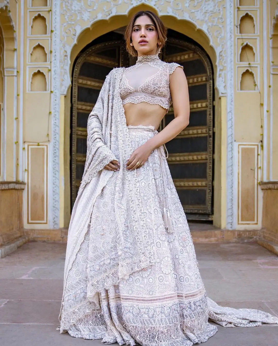 Indian Actress Bhumi Pednekar Photoshoot in White Lehenga Choli